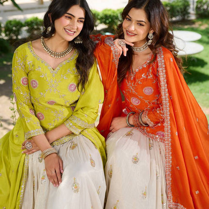 Sonakshi Women's Yellow & Fenta Chinon Thread Embroidered Cording Sequence Lehenga Set With Dupatta