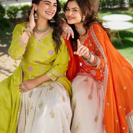 Sonakshi Women's Yellow & Fenta Chinon Thread Embroidered Cording Sequence Lehenga Set With Dupatta