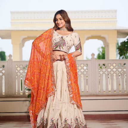 Sonakshi Women's Yellow Tissue Silk Thread Embroidered Sequence Lehenga Set With Dupatta