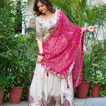 Sonakshi Women's Rani Tissue Silk Thread Embroidered Sequence Lehenga Set With Dupatta