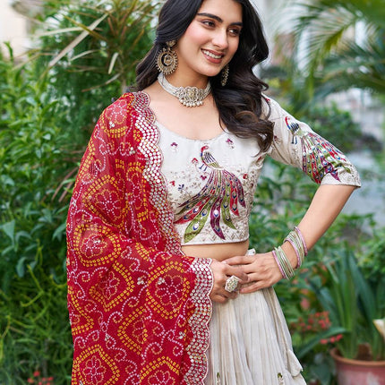 Sonakshi Women's Red Tissue Silk Thread Embroidered Sequence Lehenga Set With Dupatta