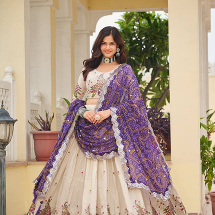 Sonakshi Women's Blue Tissue Silk Thread Embroidered Sequence Lehenga Set With Dupatta