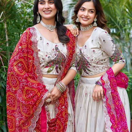 Sonakshi Women's Red & Rani Tissue Silk Thread Embroidered Sequence Lehenga Set With Dupatta