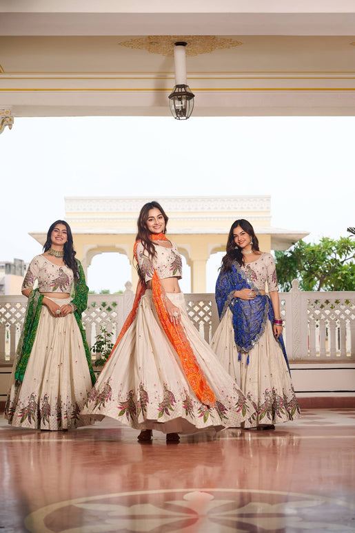 Sonakshi Women's Yellow,Green & Feroji Tissue Silk Thread Embroidered Sequence Lehenga Set With Dupatta