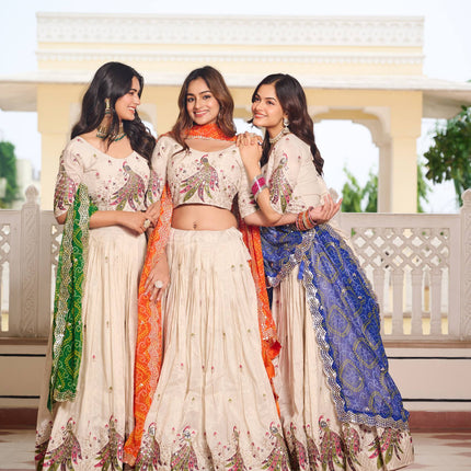 Sonakshi Women's Yellow,Green & Feroji Tissue Silk Thread Embroidered Sequence Lehenga Set With Dupatta