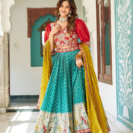 Sonakshi Women's Red Simmer & Jeqard Embroidered Lehenga Choli Set With Dupatta