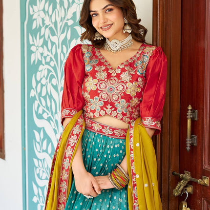 Sonakshi Women's Red Simmer & Jeqard Embroidered Lehenga Choli Set With Dupatta