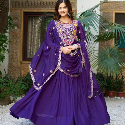 Sonakshi Women's Jamli Star Georgette Thread & 3mm Sequence Embroidered Work Anarkali Gown Set With Dupatta