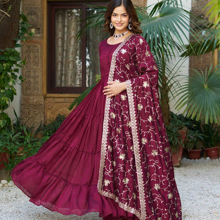 Sonakshi Women's Wine Vichitra Silk Sequence Embroidered Anarkali Gown Set With Dupatta