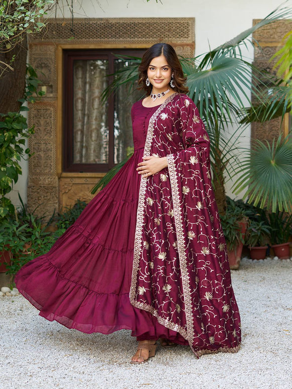 Sonakshi Women's Wine Vichitra Silk Sequence Embroidered Anarkali Gown Set With Dupatta