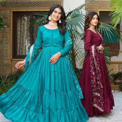 Sonakshi Women's Teal & Wine Vichitra Silk Sequence Embroidered Anarkali Gown Set With Dupatta