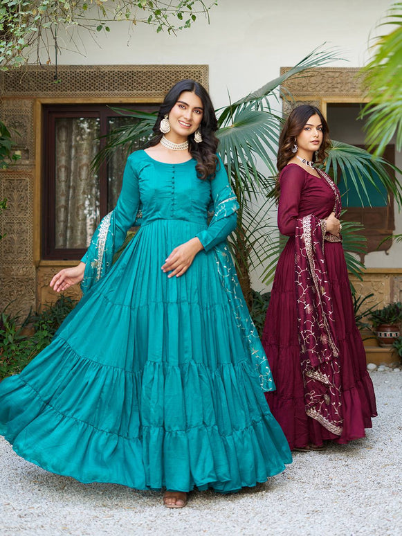 Sonakshi Women's Teal & Wine Vichitra Silk Sequence Embroidered Anarkali Gown Set With Dupatta