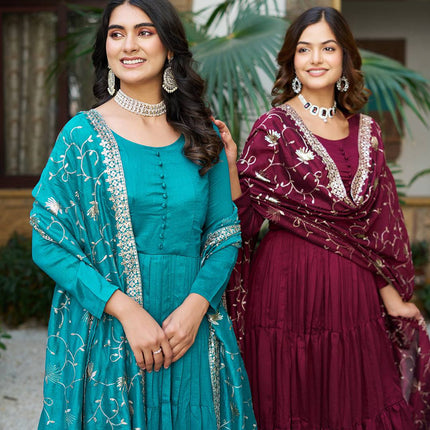 Sonakshi Women's Teal & Wine Vichitra Silk Sequence Embroidered Anarkali Gown Set With Dupatta