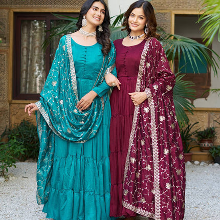 Sonakshi Women's Teal & Wine Vichitra Silk Sequence Embroidered Anarkali Gown Set With Dupatta