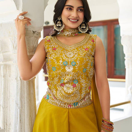 Sonakshi Women's Yellow Star Georgette Cording & Therad Embroidered With Latkan Lece Sarara Set With Dupatta