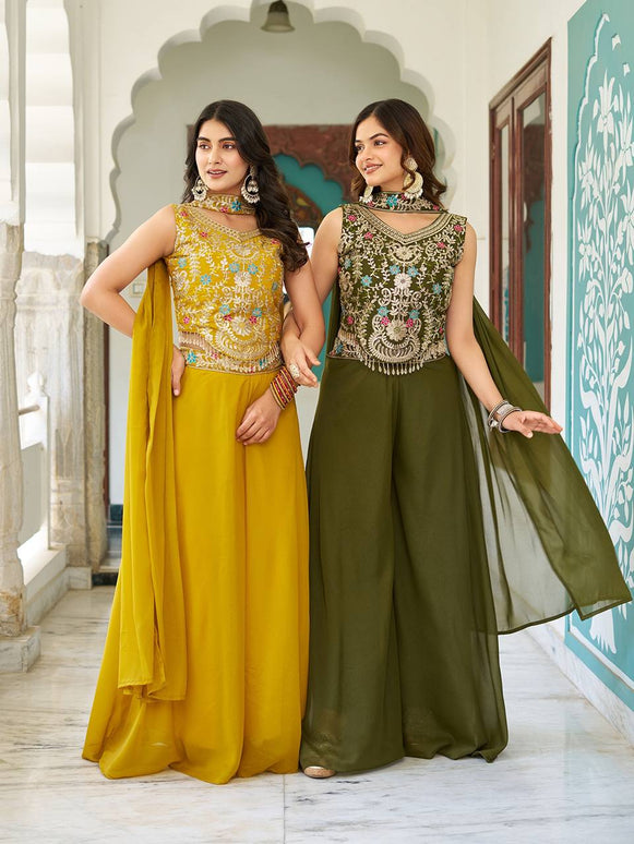 Sonakshi Women's Mehandi & Yellow Star Georgette Cording & Therad Embroidered With Latkan Lece Sarara Set With Dupatta