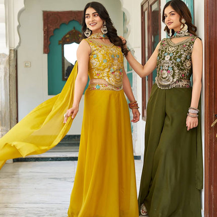 Sonakshi Women's Mehandi & Yellow Star Georgette Cording & Therad Embroidered With Latkan Lece Sarara Set With Dupatta