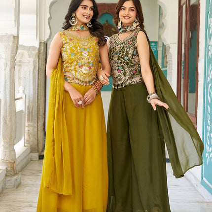 Sonakshi Women's Mehandi & Yellow Star Georgette Cording & Therad Embroidered With Latkan Lece Sarara Set With Dupatta