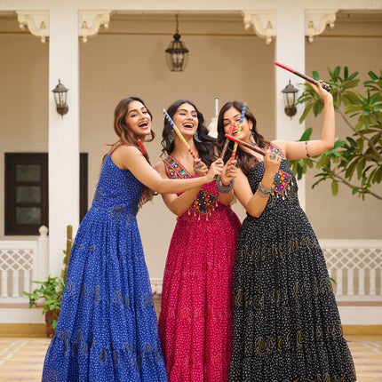 Sonakshi Women's Black,Rani & Blue Georgette Bandhni Print Gamathi Work With Real Mirror Anarkali Gown Set