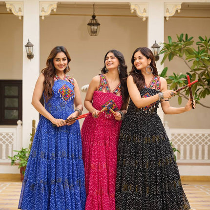 Sonakshi Women's Black,Rani & Blue Georgette Bandhni Print Gamathi Work With Real Mirror Anarkali Gown Set