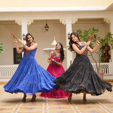 Sonakshi Women's Black,Rani & Blue Georgette Bandhni Print Gamathi Work With Real Mirror Anarkali Gown Set