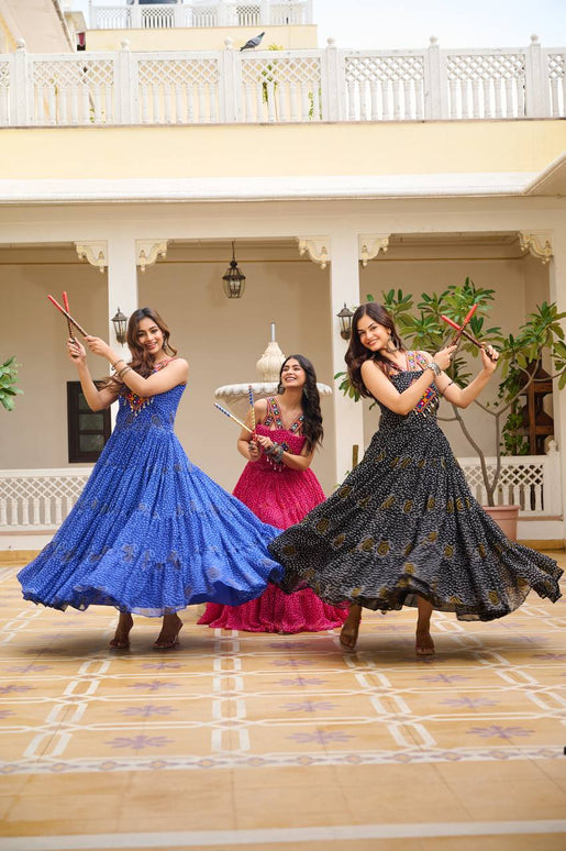 Sonakshi Women's Black,Rani & Blue Georgette Bandhni Print Gamathi Work With Real Mirror Anarkali Gown Set