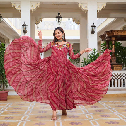 Sonakshi Women's Gajri Georgette Bandhni Print Gamathi Work With Real Mirror Anarkali Gown Set