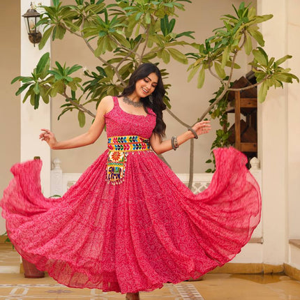 Sonakshi Women's Rani Georgette Bandhni Print Gamathi Work With Real Mirror Anarkali Gown Set