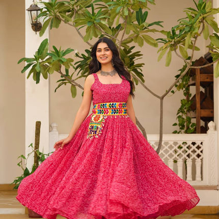 Sonakshi Women's Rani Georgette Bandhni Print Gamathi Work With Real Mirror Anarkali Gown Set