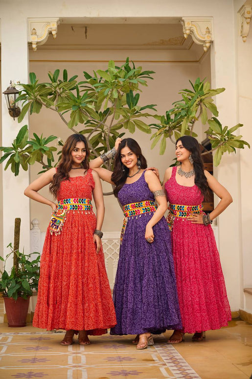 Sonakshi Women's Red Rani & Blue Georgette Bandhni Print Gamathi Work With Real Mirror Anarkali Gown Set