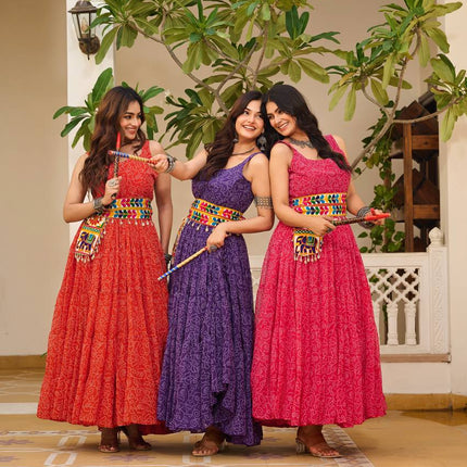 Sonakshi Women's Red Rani & Blue Georgette Bandhni Print Gamathi Work With Real Mirror Anarkali Gown Set