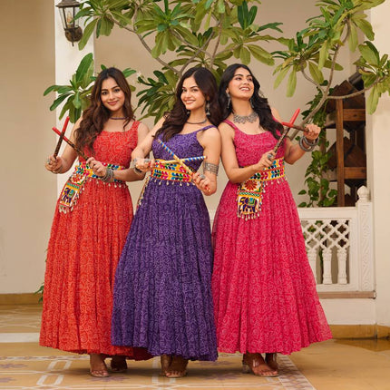 Sonakshi Women's Red Rani & Blue Georgette Bandhni Print Gamathi Work With Real Mirror Anarkali Gown Set