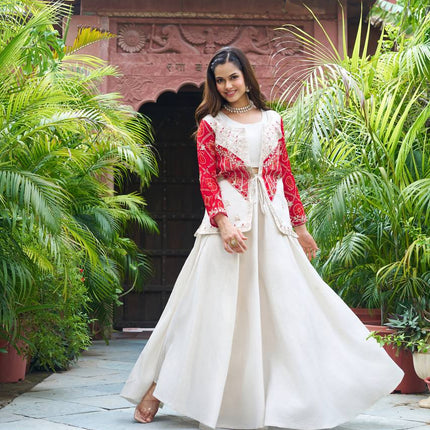 Sonakshi Women's Red Cosmos Simar With Bandhej Thread Cording Embroidered Kurta Set With Koti