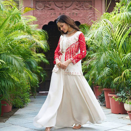 Sonakshi Women's Red Cosmos Simar With Bandhej Thread Cording Embroidered Kurta Set With Koti