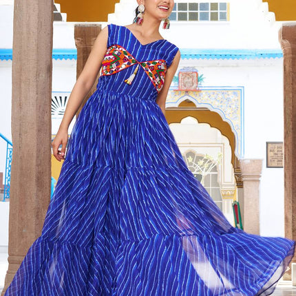 Sonakshi Women's Blue Georgette Bandhni Print Gamathi Work With Real Mirror Anarkali Gown Set