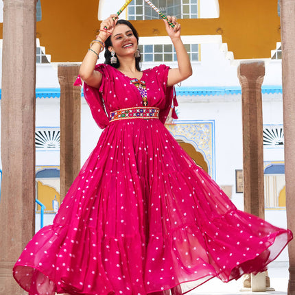 Sonakshi Women's Rani Georgette Bandhni Print Gamathi Work With Real Mirror Anarkali Gown Set