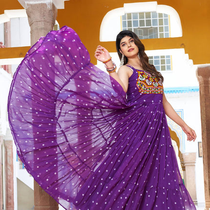 Sonakshi Women's Lovender Georgette Bandhni Print Gamathi Work With Real Mirror Anarkali Gown Set