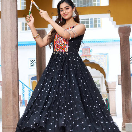 Sonakshi Women's Black Georgette Bandhni Print Gamathi Work With Real Mirror Anarkali Gown Set