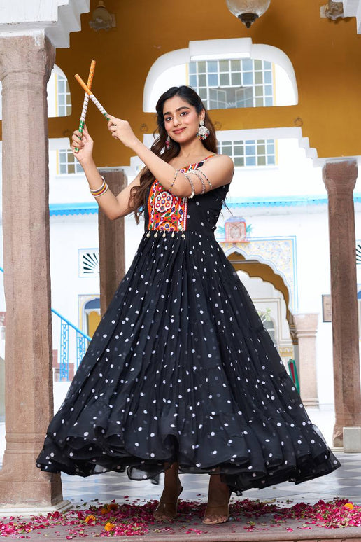Sonakshi Women's Black Georgette Bandhni Print Gamathi Work With Real Mirror Anarkali Gown Set