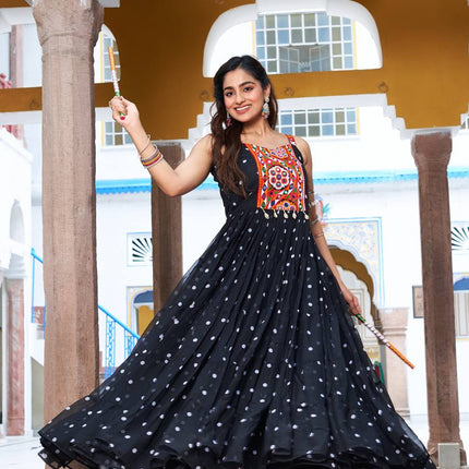 Sonakshi Women's Black Georgette Bandhni Print Gamathi Work With Real Mirror Anarkali Gown Set