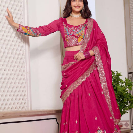 Sonakshi Women's Rani Vichitra Silk Embroidery Thread Sequence Embroidered Lehenga Choli Set With Dupatta