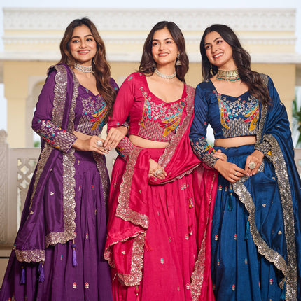 Sonakshi Women's Teal, Rani & Lovender Vichitra Silk Embroidery Thread Sequence Embroidered Lehenga Choli Set With Dupatta