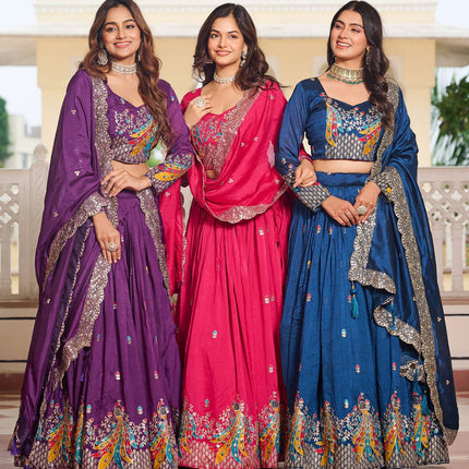 Sonakshi Women's Teal, Rani & Lovender Vichitra Silk Embroidery Thread Sequence Embroidered Lehenga Choli Set With Dupatta