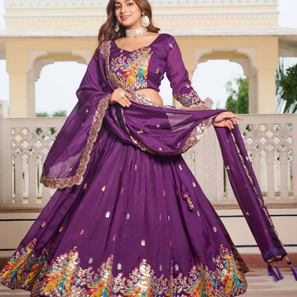 Sonakshi Women's Lovender Vichitra Silk Embroidery Thread Sequence Embroidered Lehenga Choli Set With Dupatta
