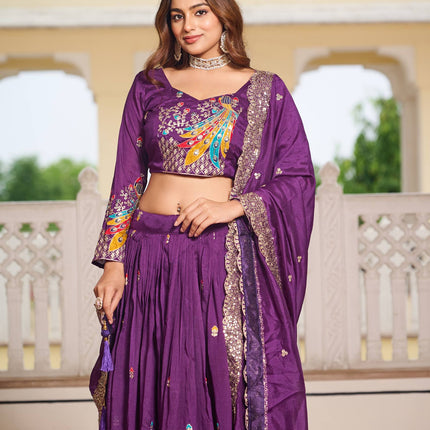 Sonakshi Women's Lovender Vichitra Silk Embroidery Thread Sequence Embroidered Lehenga Choli Set With Dupatta
