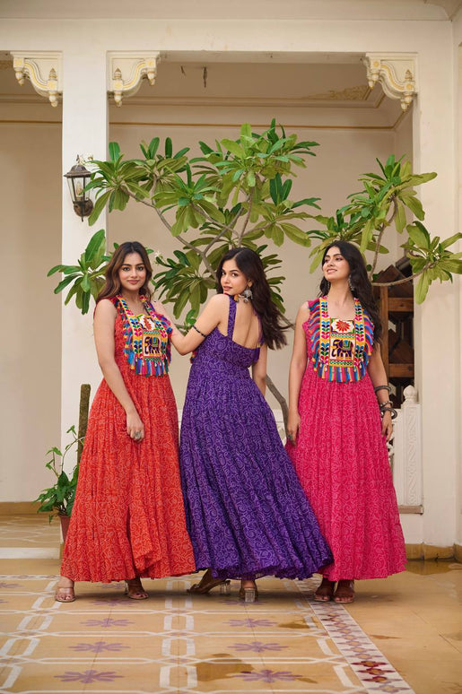 Sonakshi Women's Red, Blue & Rani Foux Georgette Bandhni Print Gamathi Work With Real Mirror Anarkali Gown Set