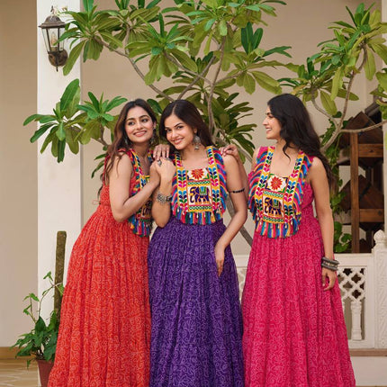 Sonakshi Women's Red, Blue & Rani Foux Georgette Bandhni Print Gamathi Work With Real Mirror Anarkali Gown Set