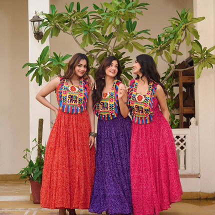 Sonakshi Women's Red, Blue & Rani Foux Georgette Bandhni Print Gamathi Work With Real Mirror Anarkali Gown Set