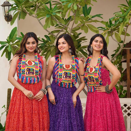 Sonakshi Women's Red, Blue & Rani Foux Georgette Bandhni Print Gamathi Work With Real Mirror Anarkali Gown Set