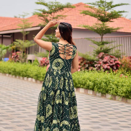 Sonakshi Women's Mehendi Foux Georgette Bandhni Print Gamathi Work With Mirror Anarkali Gown Set